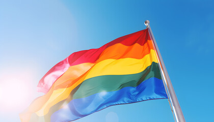 Rainbow flag, a symbol for the LGBT community, waving in the wind with a cloudy background. Generative AI illustration