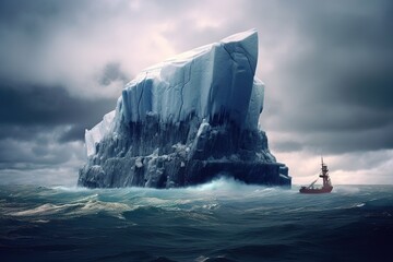 Fototapeta na wymiar Ship sailing past majestic iceberg
