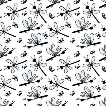 Seamless pattern stylized black dragonflies with blue wings on a white background. Vector illustration.