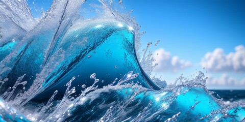 Water splashes, blue liquid waves with swirls and drops. realistic scene of flowing and falling clear pure aqua, fluid splashing on blue sky background. Generative AI