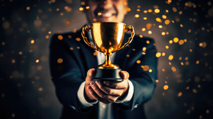 Businessman Holding Golden Champion Trophy. AI generative. Concept of success and achievement Corporate Development.