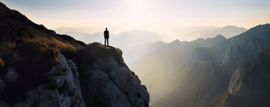 Breathtaking image of a traveler standing at cliff's edge, showcasing the vast horizon and evoking emotions of grandeur and adventure. Perfect for marketing wanderlust. Generative AI