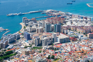 Naklejka na ściany i meble Aerial view of Gibraltar, Algeciras Bay and La Linea de la Concepcion from the Upper Rock. View on coastal city from above