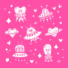 UFO & alien illustration set in doodle style on pink