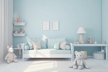 babys room with a calming color scheme of blue walls and white furniture. Generative AI