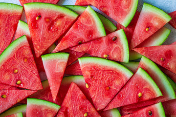 Macro sliced watermelon,Red watermelon triangular piece on white blackground