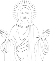 Drawing of Jesus Christ with open hands in line style. Face of Jesus. isolated vector graphic