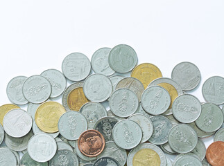 Thai baht coin isolated white background,Coins stacks on white background. Money coin for financial, business. Top view