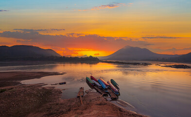 Mekong river and mountain scenery in the morning,Kaeng Khut couple scenery, Chiang Khan, Thailand