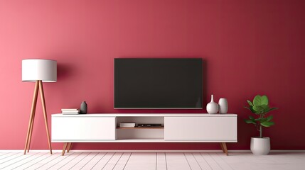 Modern living room TV cabinet on a blank red wall. Generative AI