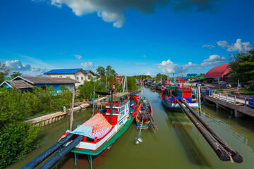 village fishing boat,Fishing boats on the Tha Chin River Samut Sakhon Province, Thailand