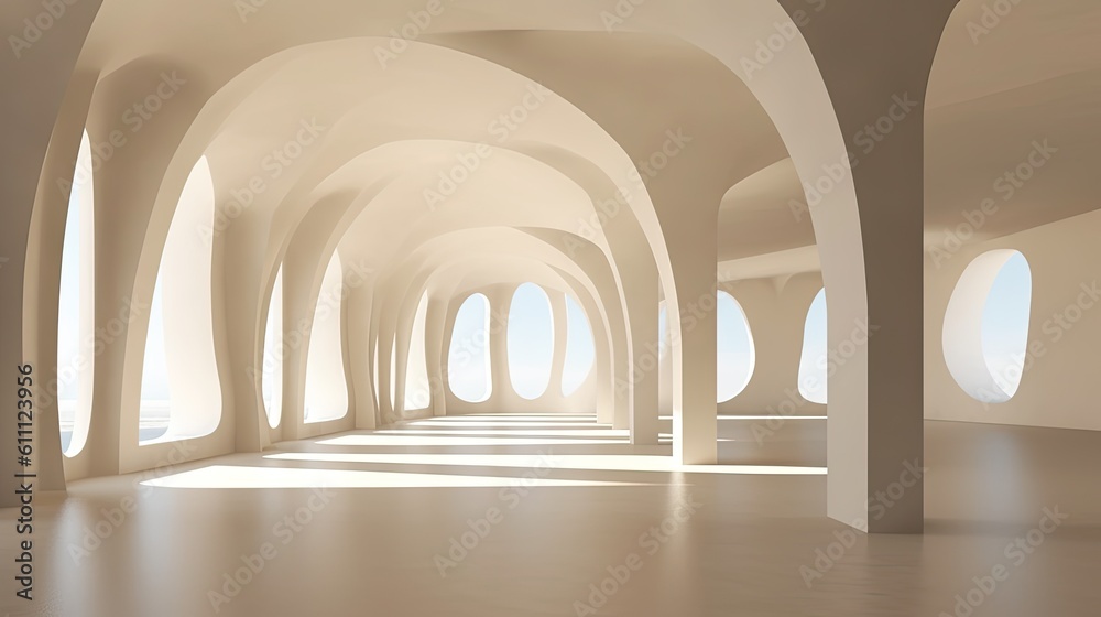 Wall mural background of architecture, empty room with curving openings generative ai