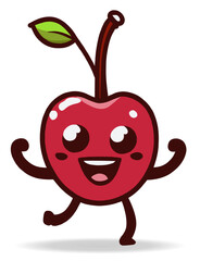 Happy cherry character, clipart style, picturing a smiling, running cherry with raised arms and a leaf