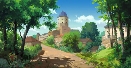 landscape of old castle in the village surroundings by green trees illustration © Diganime
