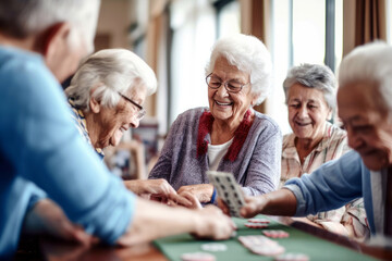 Candid shot of seniors in a lively social activity, playing cards and laughing, capturing the joy of leisure in retirement, generative ai - obrazy, fototapety, plakaty