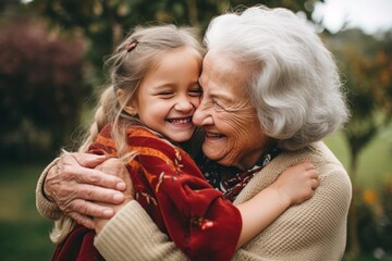 Heartwarming and authentic moment of a young girl endearingly hugging her grandmother, symbolizing love and the bond of family, generative ai