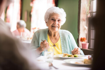 Senior woman in a retirement home, happily enjoying a healthy lunch, showcasing a lifestyle of well-being and contentment, generative ai