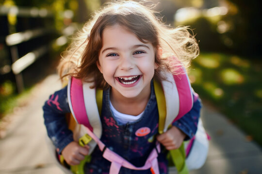Cheerful young girl, brimming with energy and excitement, ready for her first day of school with a new backpack, generative ai