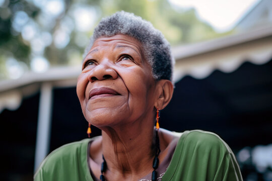 Close-up Outdoor Portrait Of A Thoughtful Senior Black Woman, An Emblem Of Middle-class Black America, Showcasing Wisdom And Resilience, Generative Ai