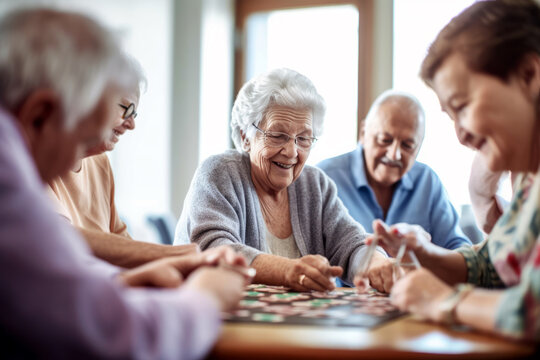 Candid shot of seniors in a lively social activity, playing cards and laughing, capturing the joy of leisure in retirement, generative ai