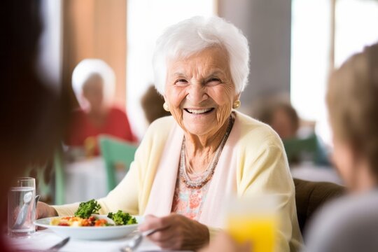 Senior woman in a retirement home, happily enjoying a healthy lunch, showcasing a lifestyle of well-being and contentment, generative ai