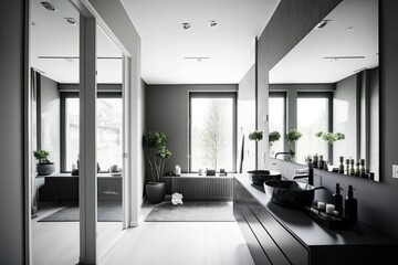 Fototapeta premium modern bathroom with minimalist design in black and white. Generative AI