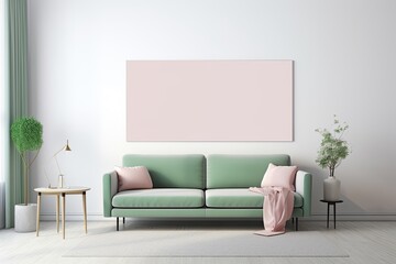 cozy living room with a stylish green couch and vibrant pink pillows. Generative AI