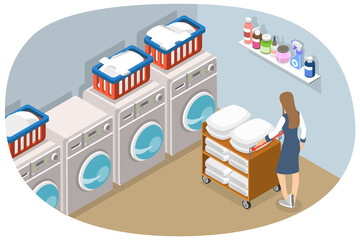 3D Isometric Flat  Conceptual Illustration of Hotel Laundry Staff