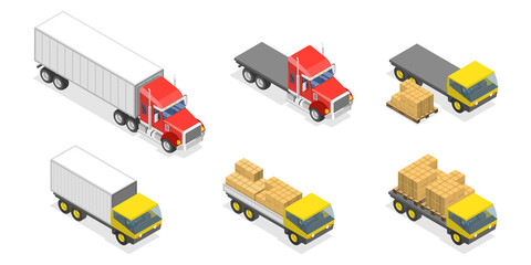 3D Isometric Flat  Set of Trucks