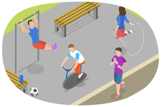 3D Isometric Flat  Conceptual Illustration of Outdoor Exercise