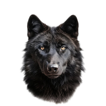 a portrait of a black wolf, frontal view in an isolated transparent PNG, photorealistic illustration. Generative ai