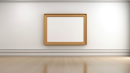 On the wall of an auction house or museum display, an ancient golden art fair gallery frame. Blank template with white copyspace for mockup design. Generative AI - obrazy, fototapety, plakaty