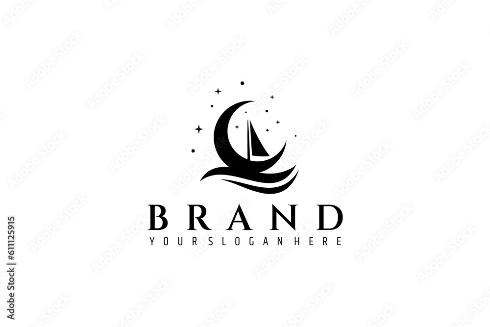 Canvas Prints crescent moon flat logo design with combination of boat sails with waves