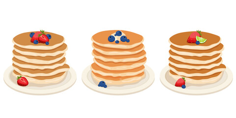 Vector set of pancakes with blueberries,strawberry and lime on the plate. Stacks of tasty pancakes with berries. Breakfast vector illustration