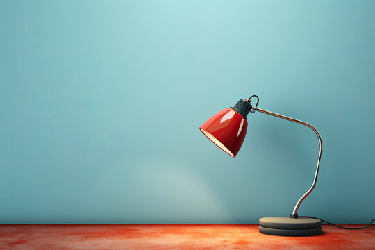 Blue lighting retro desk lamp on old wood table with space of rough cement wall in vintage color tone Generative AI