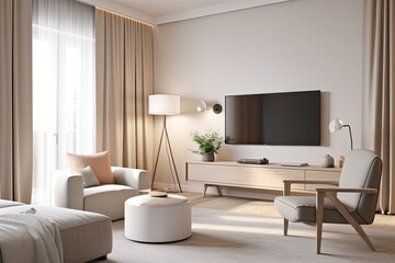 Obraz na płótnie Canvas modern living room with a sleek flat screen television as the centerpiece. Generative AI