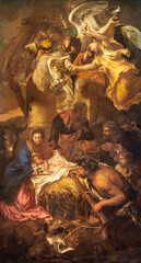 GENOVA, ITALY - MARCH 7, 2023: The painting of Adoration of Shepherds in the church Chiesa di San Luca by Giovanni Battista Castiglione - Il Grechetto (1645).