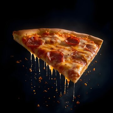 Slice Of Pizza Floating On Dark Background.