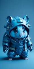 Cute mini futuristic soldier hamster wearing cyberpunk jacket. baby blue skin, Generative AI.