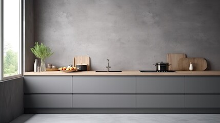 Interior of a contemporary kitchen with gray walls, contemporary counters, and an integrated cooker and sink. Wall with white poster. a mockup Generative AI