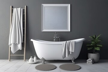 Fototapeta na wymiar Front view of a white bathtub with towels and a sink in a gray washing room with a circular mirror. bathroom supplies and a foot towel. unfilled copy space on a grey wall Generative AI