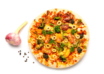 Vegetable pizza with garlic on white background
