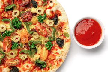 Vegetable pizza with sauce on white background