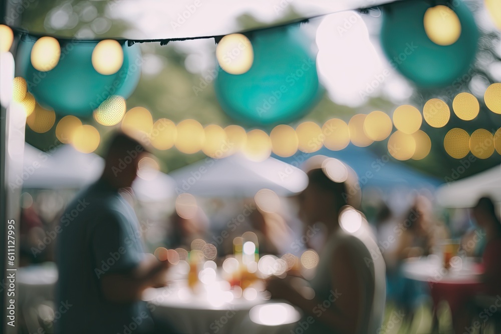 Poster Abstract blur picture of a day festival in a garden with bokeh for use as a backdrop. (Analog tone). Generative AI