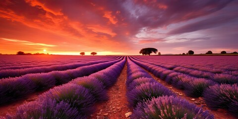 Fototapeta premium AI Generated. AI Generative. Beautiful pink lavender field. Wild nature adventure farm garden. Graphic Art