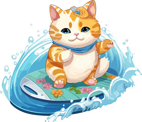 Cartoon The Chubby Cat is surfing in the sea Design, Png, illustration, Generative AI