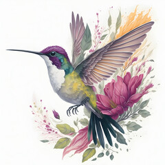 hummingbird surrounded by flowers