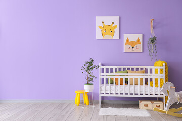 Stylish interior of children's room with baby bed and rocking horse
