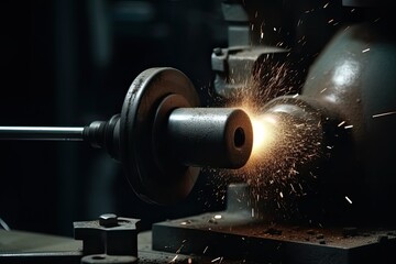Industrial metalworking. Close-up of metalworking machine with sparks flying in different directions, Cutting a cylindrical metal with a lathe grinder, AI Generated