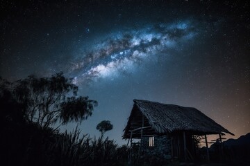cozy cabin with a thatched roof under a starry night sky. Generative AI